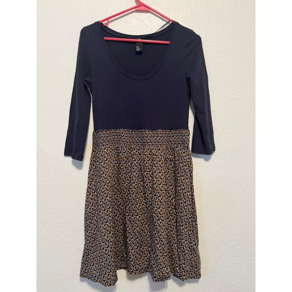 H&M Navy Blue Mixed Media Fit & Flare Dress Geometric Skirt 3/4 Sleeve Size M